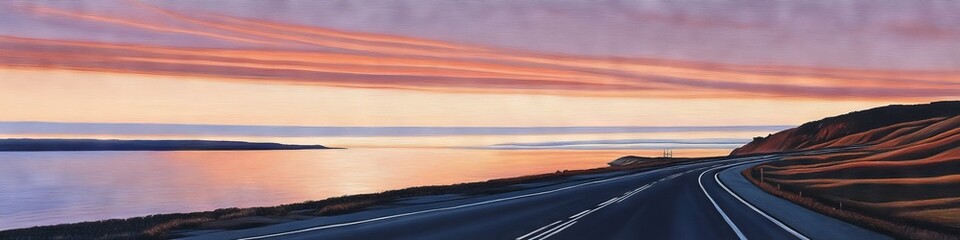 scenic coastal motorway, converging lane markings, fiery sky meeting calm ocean, rolling countryside, warm evening light, photorealistic digital painting