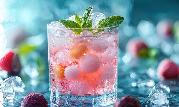 Fresh lychee mojito in a glass surrounded by lychee fruits