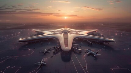 The futuristic terminal at Daxin Airport shines at dusk with a unique star-shaped design reminiscent of a flower or an airplane. Sunsets illuminate the tarmac and symbolize