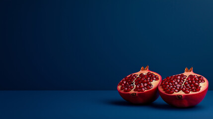 A minimalist photo featuring a pomegranate cut in halves, set on a solid dark-blue background. The bold contrast between the dark blue and the bright red of the pomegranate creates a clean image