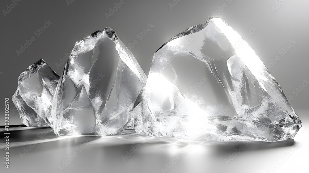 Poster A sparkling display of crystalline structures with sharp edges reflecting light, showcasing their transparency and brilliance in monochrome.