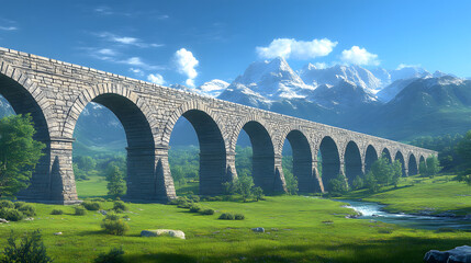 A grand stone aqueduct arches over a lush valley with mountains in the background, illustrating beautiful natural scenery and impressive engineering.