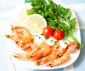 Cooked shrimp on plate close up