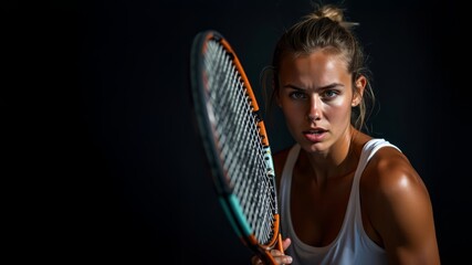 Female tennis player in action. Intense gaze and expression. Woman dedication to sport. Challenge, motivation and determination concepts.