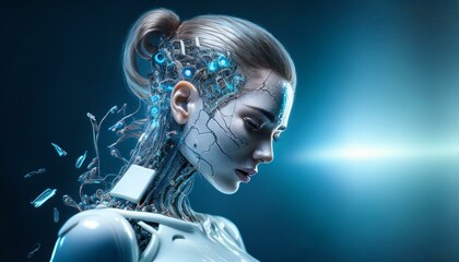 An android death reveals bio-circuits beneath a broken porcelain beauty in biopunk digital art.