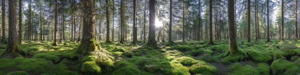 Fototapeta premium majestic pine forest interior, verdant woodland undergrowth, dramatic sun stars through tree canopy, morning light rays, fresh green moss carpet, peaceful forest scene, panoramic nature composition,
