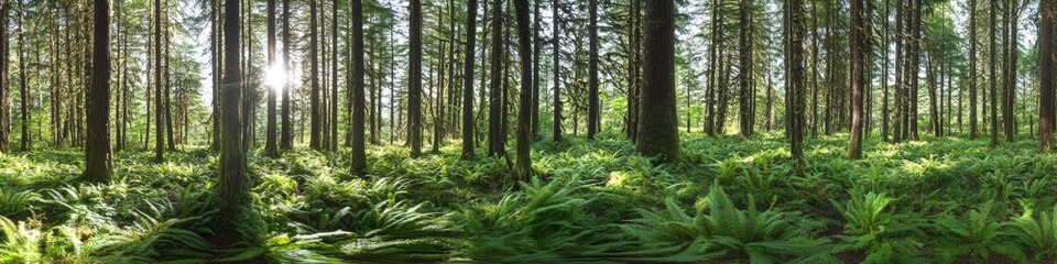 dense coniferous forest panorama, dappled sunlight through tall pine trees, lush green ferns and moss ground cover, natural forest light rays, pristine wilderness landscape, ultra detailed foliage,