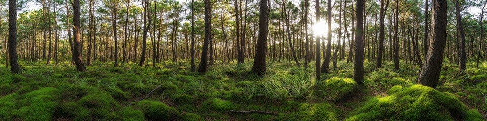 Naklejka premium majestic pine forest interior, verdant woodland undergrowth, dramatic sun stars through tree canopy, morning light rays, fresh green moss carpet, peaceful forest scene, panoramic nature composition,