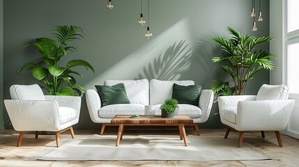 Interior of living room with green houseplants and sofas 