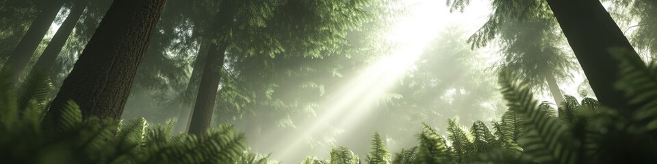 nordic forest landscape, tall evergreen trees stretching skyward, mystical light rays piercing canopy, lush green understory plants, pristine wilderness scene, morning forest atmosphere, detailed