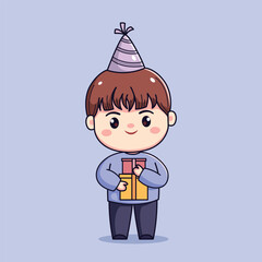Cute cartoon boy celebrating new year or birthday party chibi kawaii