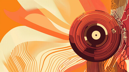 A vibrant retro background featuring macrame patterns and warm colors with a vinyl record centerpiece, perfect for nostalgia