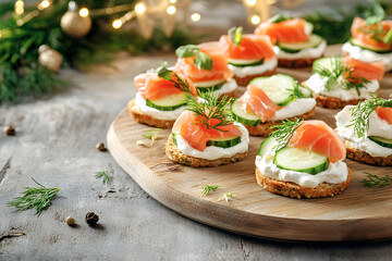 Festive smoked salmon canapés with cream cheese, cucumber, dill, served on wooden board, holiday party snack, gourmet appetizer concept