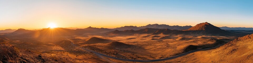 Fototapeta premium meandering rural highway, golden desert scrubland, mountainous backdrop, warm sunset lighting, untamed wilderness, rugged mountain peaks, clear atmosphere, high contrast landscape photography