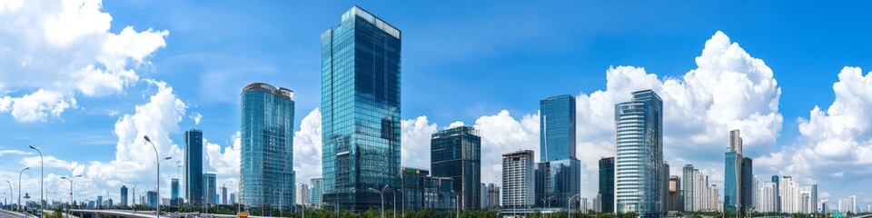 Obraz premium modern metropolitan cityscape, futuristic glass skyscrapers, busy urban highway, street lamps lineup, mixed architecture styles, summer blue sky, puffy white clouds, bustling city life