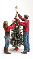 A family decorates a Christmas tree with ornaments and a star on top for the holidays, isolated on white background.