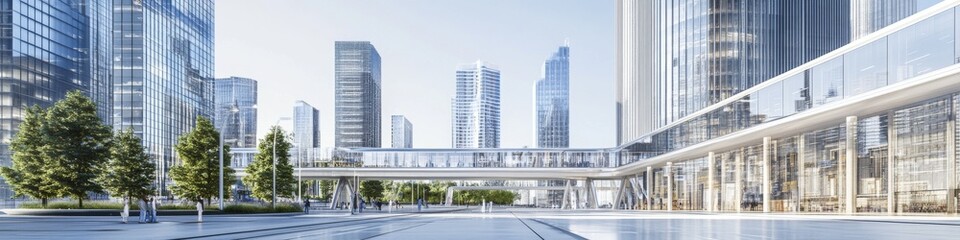 Fototapeta premium metropolitan boulevard scene, sleek high-rise buildings, urban transportation hub, geometrical street lighting design, diverse architectural elements, dynamic city life, clear summer sky backdrop