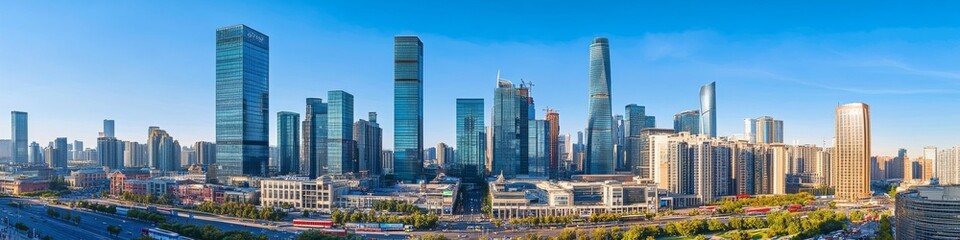 Fototapeta premium vibrant city center view, gleaming glass towers, historic low-rise buildings, busy arterial road, urban infrastructure, mixed transportation, summer day atmosphere, architectural contrast photography