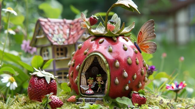 A charming house shaped like a strawberry, surrounded by a lush green garden. Its unique design stands out, blending whimsical charm with the beauty of nature in a vibrant, refreshing setting.