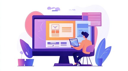 A modern workspace illustration featuring a person coding on a computer, isolated on white background.