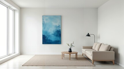 Fototapeta premium A minimalist living room in light tones. The only bright accent is a large abstract painting in blue tones on the wall. Minimal furniture in the room. On the table is a single vase with one flower.