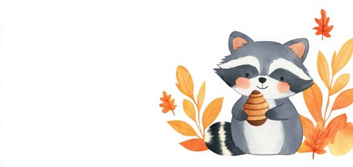 A cute raccoon holding a pinecone surrounded by colorful autumn leaves, perfect for fall-themed designs and children's illustrations.