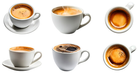 Freshly brewed coffee cups displayed in a bright kitchen setting isolated on transparent background