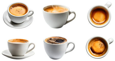 Freshly brewed coffee cups displayed in a bright kitchen setting isolated on transparent background