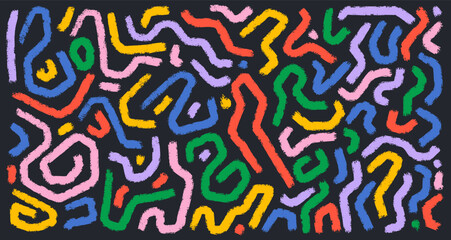 Set of abstract shapes in doodle grunge style in multi colored. Collection of curved lines with jagged edges squiggles, circles, asterisk, dots and wavy bold lines. Vector colorful geometric elements.