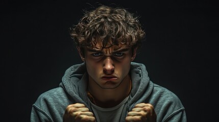 Obraz premium A young man clenched his fists and frowned, his face full of anger and dissatisfaction, a dark background to emphasize the intensity of the emotion.