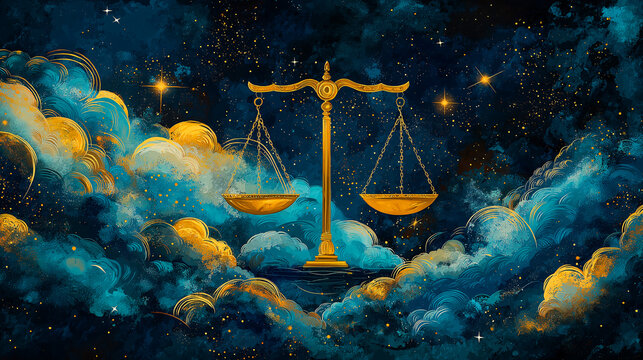 A balanced golden scale set against a vibrant blue starry sky with swirling clouds. A vibrant cosmic illustration of Libra the Scales.
