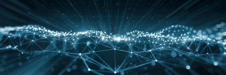 Fototapeta premium Digital network, data exchange, abstract Christmas and New Year background. Interconnected nodes in futuristic design. Plexus blue geometrical shapes