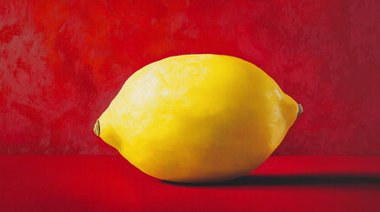 A yellow lemon set against a rich crimson red background, emphasizing the lemona??s bright color and texture. The solid red backdrop enhances the visual impact of the lemon,