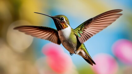 Fototapeta premium Close-Up of Hummingbird in Mid-Flight with Blurred Wings