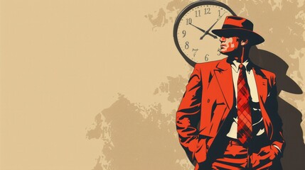 Fototapeta premium A man in an old-fashioned suit and a retro hat standing in front of an antique wall clock.