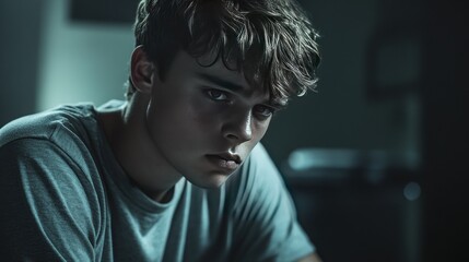 A young man sits with his head bowed in a dark room, looking sad and disheartened. The atmosphere is gloomy to emphasize the emotional pain.