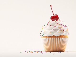 Delicious cupcake topped with cream, sprinkles, and a cherry on a plain background.