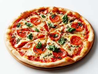 Delicious pepperoni pizza topped with fresh basil on a wooden platter, isolated on white background.