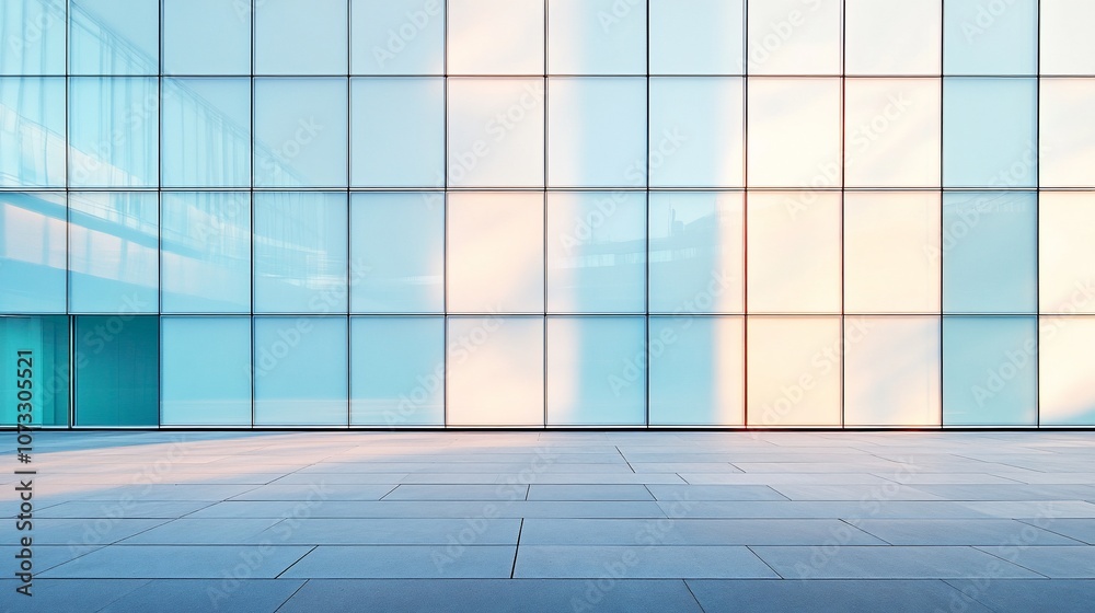 Aufkleber a modern building with a glass facade reflecting the sky and a smooth, empty concrete surface.