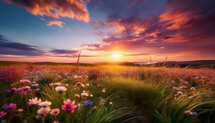 Wild grassy field with colorful sunset sky