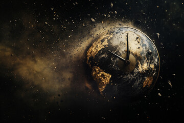 Conceptual image of planet earth from outer space as a clock suggesting its too late for mankind and time has run out