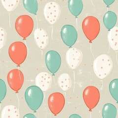 Vintage Mint Green, Coral, and White Balloons pattern on vintage beige fabric background, seamless repeating pattern, textile print style, minimal, refreshing balloon design, spring decor, textiles