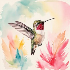 Fototapeta premium Watercolor Painting of Hummingbird in Flight