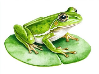 Obraz premium A vibrant green frog perched on a lily pad, showcasing intricate details and natural beauty in a serene environment.