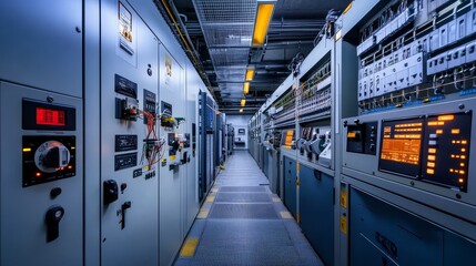 Obraz premium Key features of a plant’s electric voltage control room.