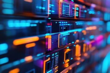 A row of glowing screens show data. This stock photo depicts a futuristic server room, perfect for tech and data-related content.