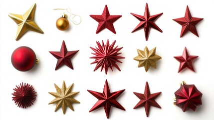 Obraz premium Flat lay of red and gold Christmas decor, including stars and baubles, isolated on white