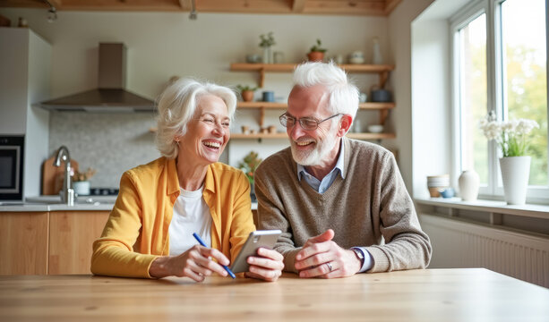 An elderly couple are laughing and looking at the screen of their laptop phone at the table in the living room