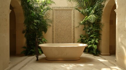 Luxurious Spa Bathroom with Freestanding Tub, Spanish Tiles, and Greenery for Relaxation