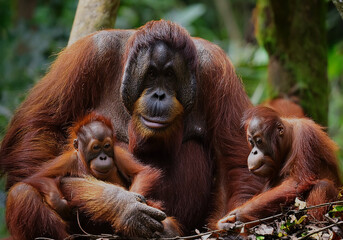 Orang-Utan (Pongo) Muttertier mit Jungen in tropischer Landschaft